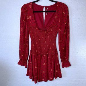 Free People Women's XS Floral Mini Dress Two Faces Smocked Long Sleeves Red Boho